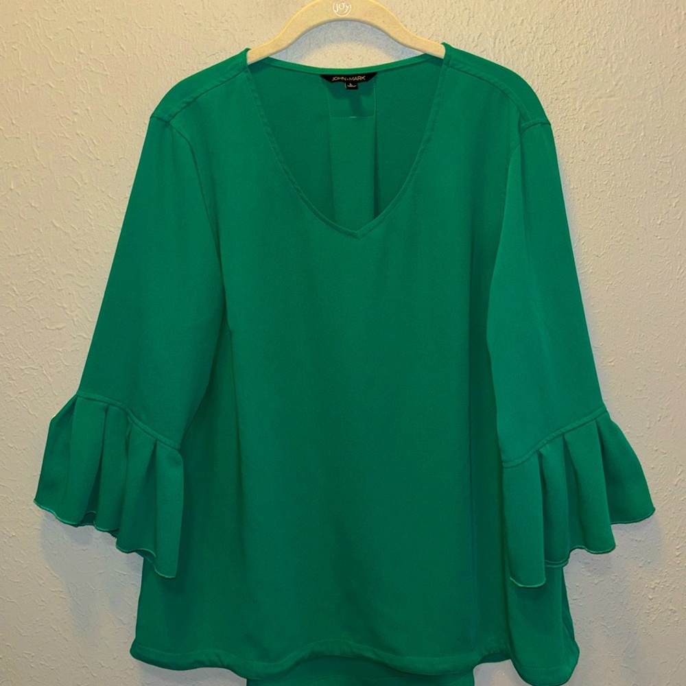 John Mark Emerald Green V-Neck Ruffle Sleeve Blouse